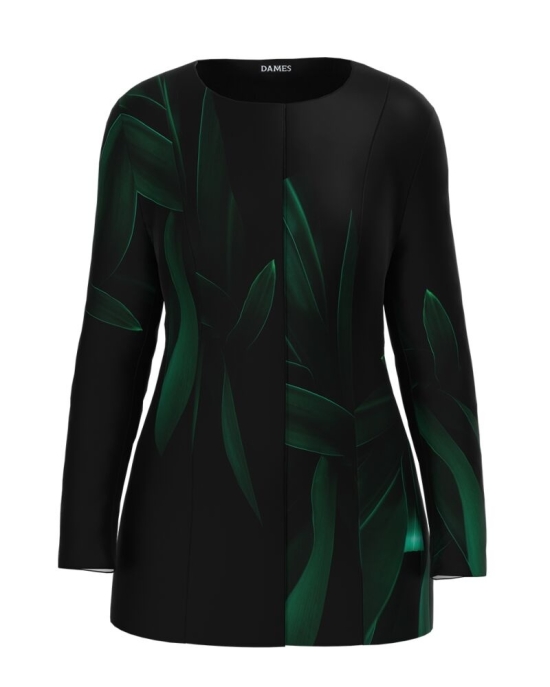 Jacheta de dama neagra de lungime medie imprimata cu model Frunze CMD2308