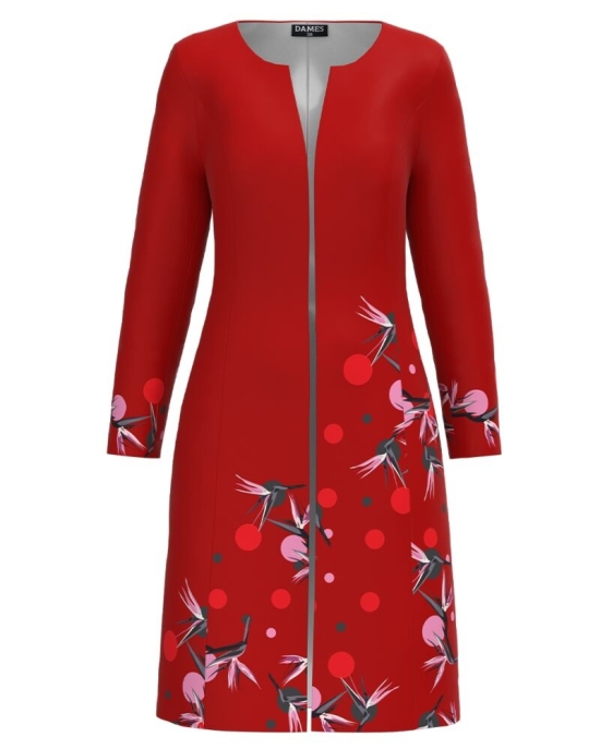Jacheta de dama rosie lunga imprimata cu model floral CMD3063
