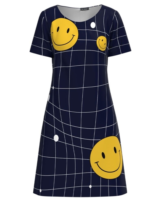 Rochie bleumarin evazata imprimata cu model Emoji CMD3126