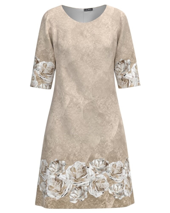 Rochie casual bej imprimata trandafiri argintii CMD3326