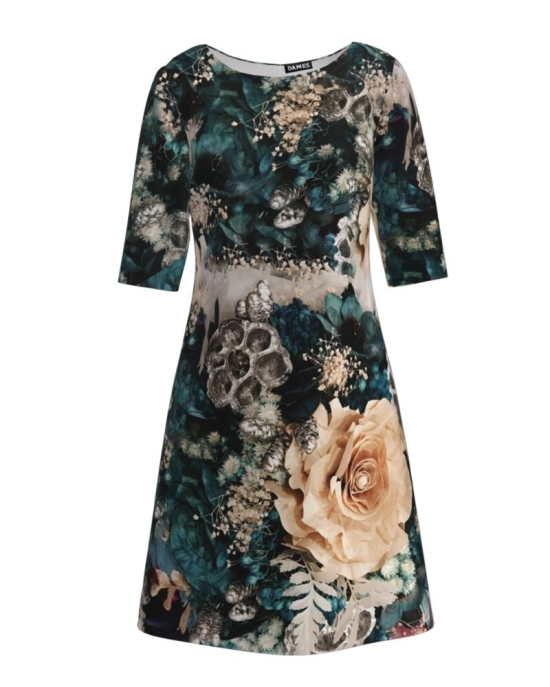 Rochie casual cu maneca imprimata digital Trandafir 3D CMD224