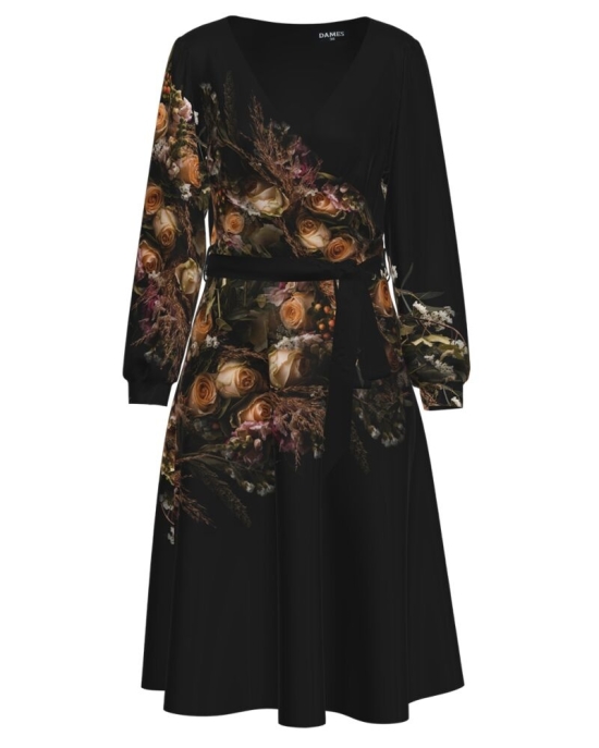 Rochie casual neagra cu maneca lunga imprimata Trandafiri CMD1654