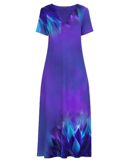Rochie de vara albastru violet lunga cu buzunare imprimata cu model floral CMD2841
