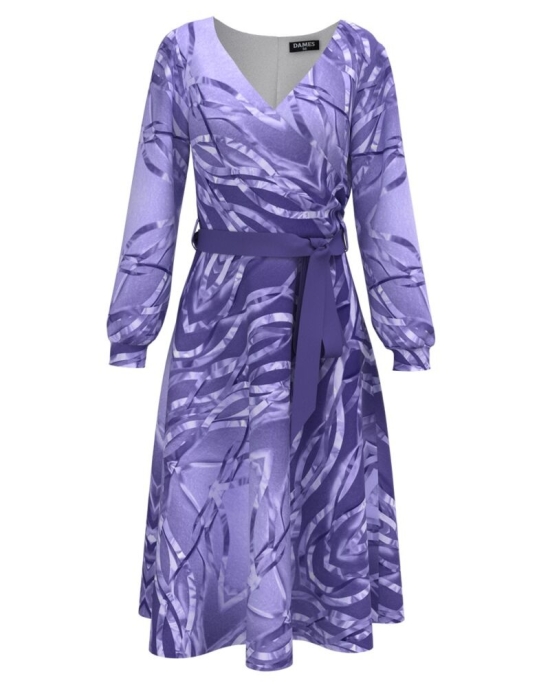 Rochie eleganta mov lila cu maneca lunga si imprimeu abstract CMD1747