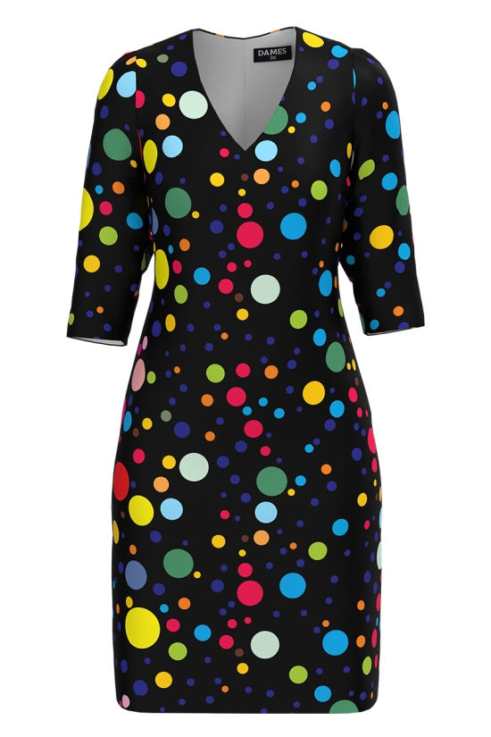 Rochie neagra casual cu decolteu in V imprimata buline colorate SS25
