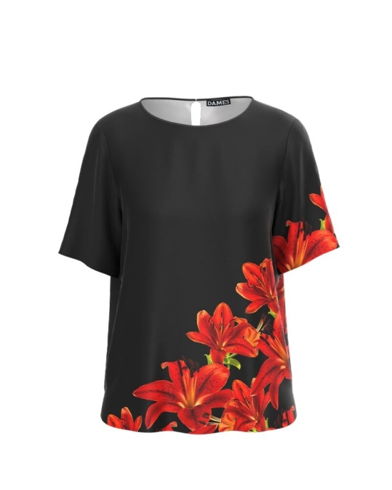 Bluza neagra cu maneca scurta imprimata cu model Crini CMD2958