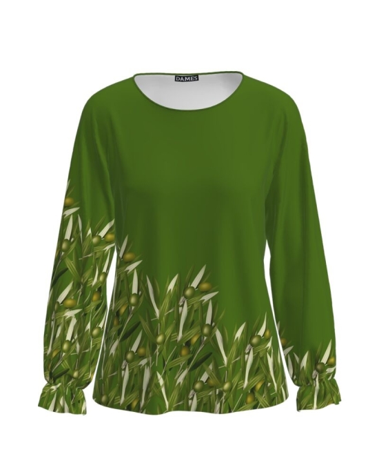 Bluza verde cu maneca lunga imprimata ramuri de maslin CMD1949