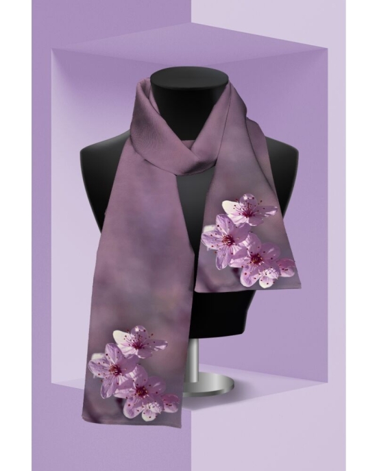 Esarfa subtire violet imprimata cu model Flori de cires CMD2082