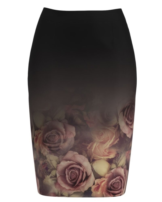 Fusta conica neagra imprimata cu model Trandafiri CMD3664