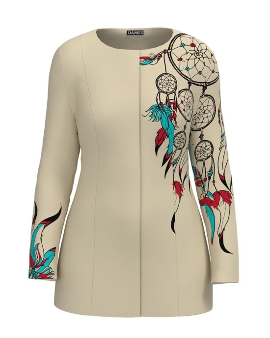 Jacheta de dama bej de lungime medie imprimata cu model multicolor CMD2340
