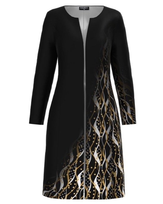 Jacheta de dama neagra lunga imprimata cu model abstract CMD3078