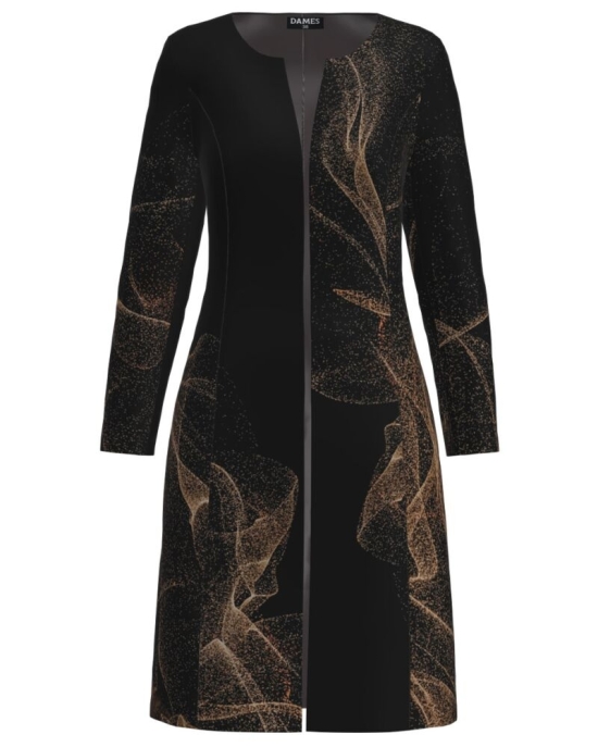 Jacheta de dama neagra lunga imprimata cu model abstract CMD3653