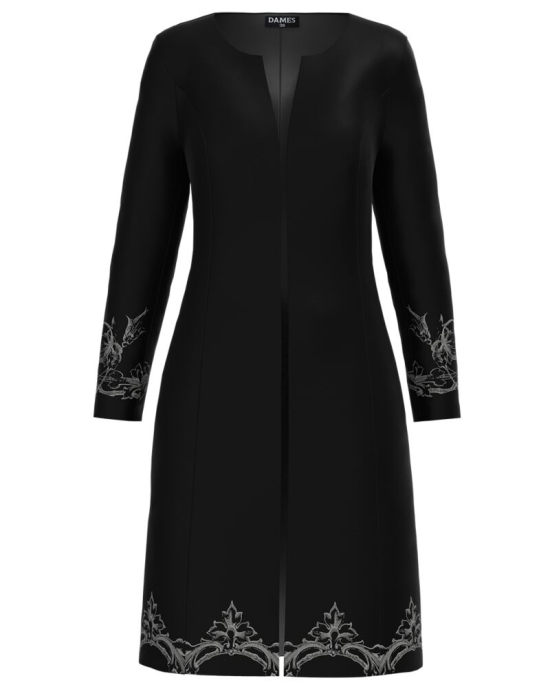 Jacheta de dama neagra lunga imprimata cu model floral CMD1228