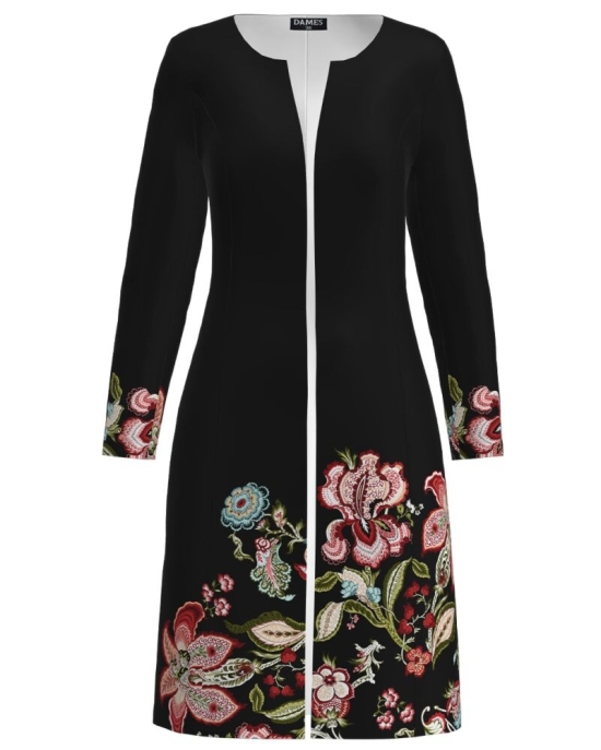 Jacheta de dama neagra lunga imprimata cu model floral CMD1338