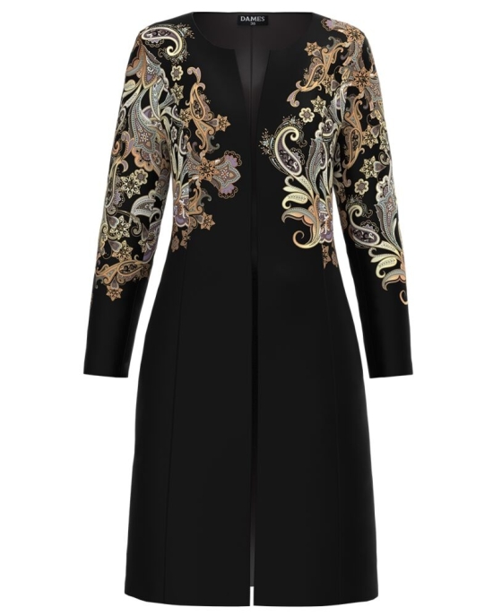 Jacheta de dama neagra lunga imprimata cu model floral CMD2037