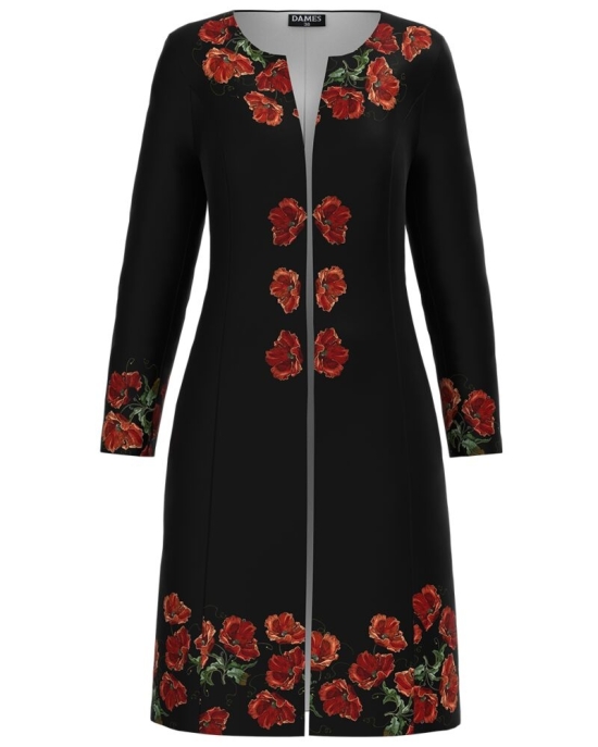 Jacheta de dama neagra lunga imprimata cu model Maci CMD2299