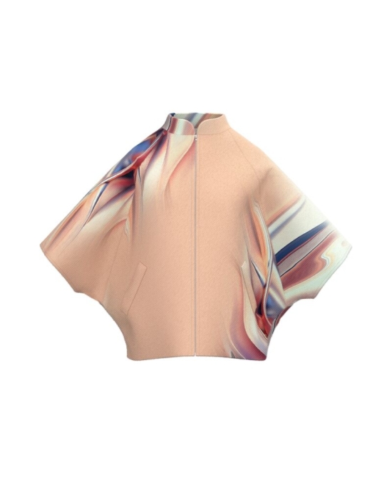 Poncho elegant din stofa bej imprimat cu model abstract CMD3523