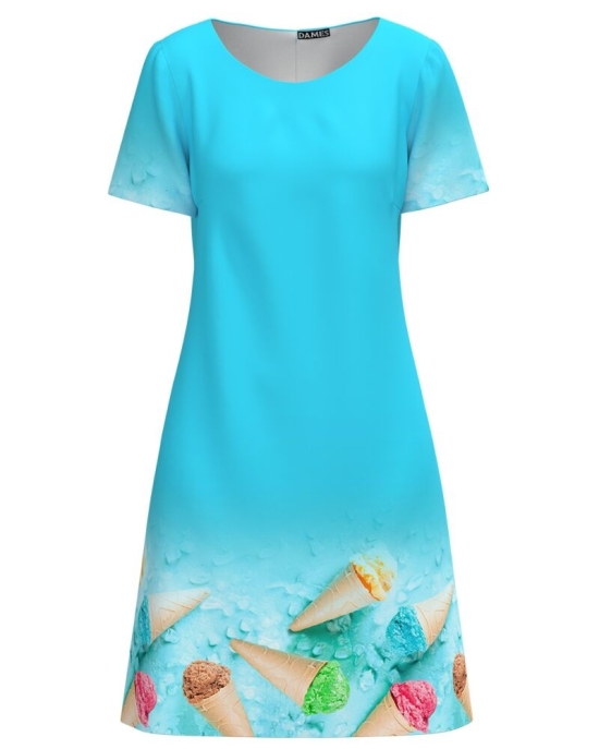 Rochie bleu cu maneca scurta imprimata Inghetata CMD4509