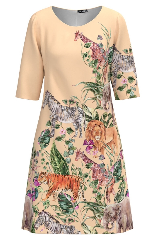 Rochie casual bej imprimata cu model jungla CMD3742
