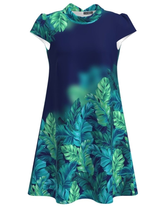 Rochie casual bleumarin imprimata digital cu model tropical CMD2778
