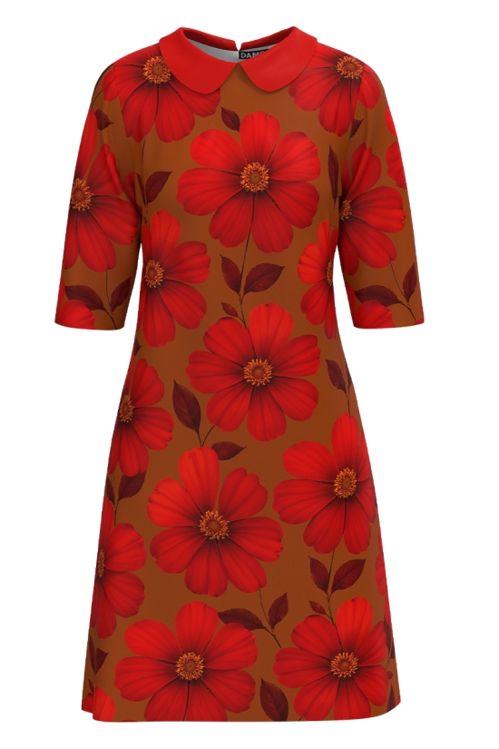 Rochie casual cu guler imprimata flori de toamna