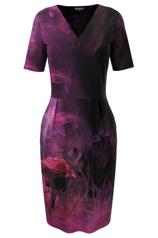 Rochie casual cu maneca scurta imprimata Trandafir CMD3128