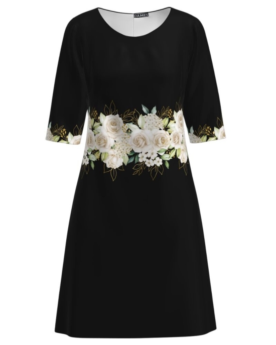 Rochie casual neagra imprimata cu model Trandafiri CMD3415