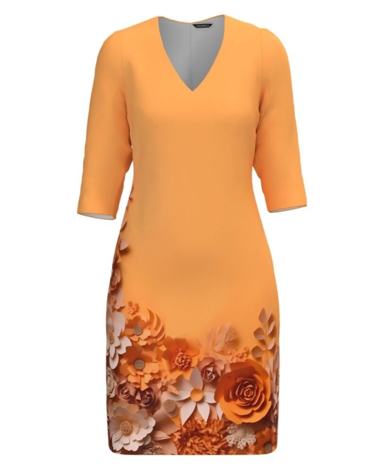 Rochie portocalie casual cu decolteu in V imprimata floral CMD4754