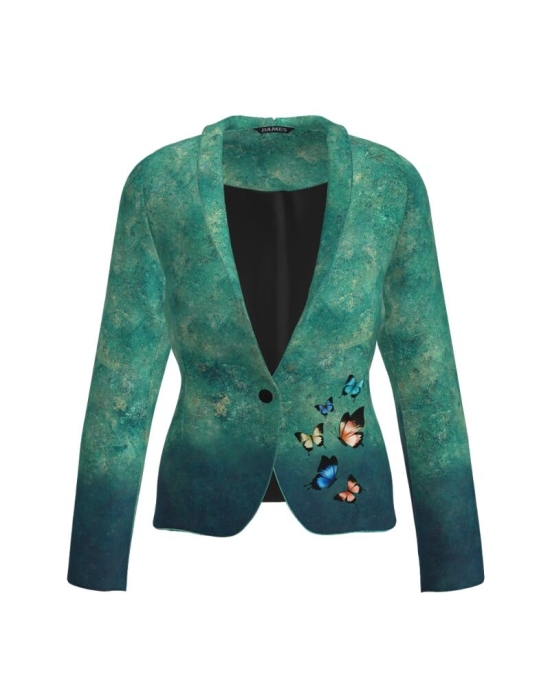 Sacou verde cambrat imprimat fluturi multicolori CMD1216