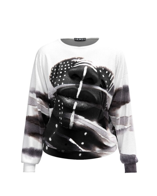 Bluza alb negru tip hanorac din catifea cu imprimeu Face CMD481