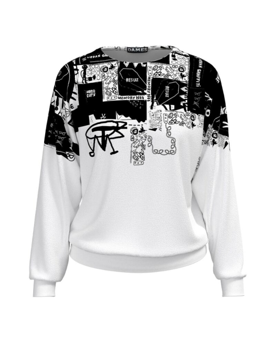 Bluza alba tip hanorac din catifea cu imprimeu abstract CMD1404