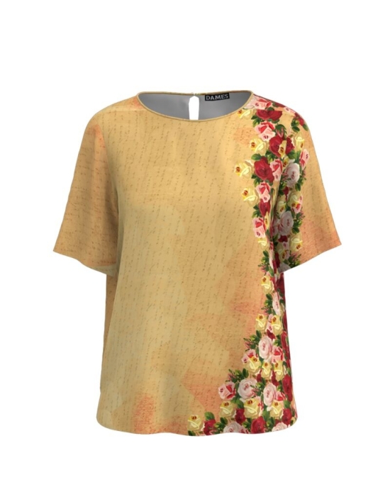 Bluza bej de vara cu maneca scurta si imprimeu trandafiri CMD762