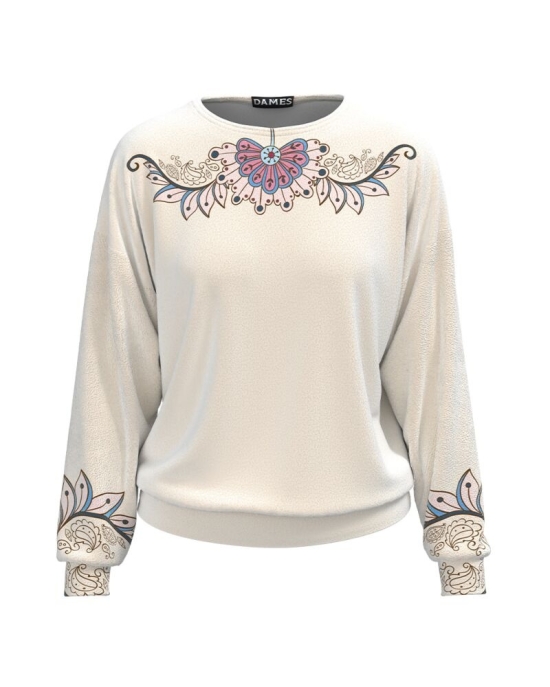 Bluza bej tip hanorac din catifea cu imprimeu floral CMD1706