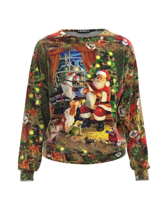 Bluza multicolora tip hanorac din catifea cu imprimeu Mos Craciun CMD3580