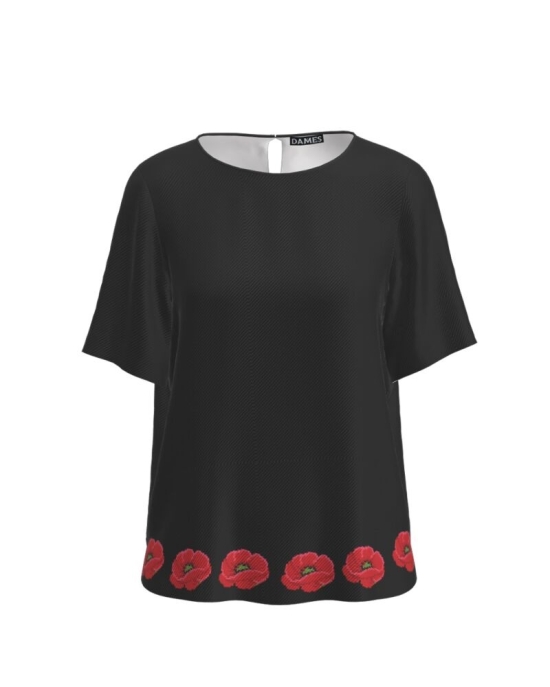 Bluza neagra cu maneca scurta imprimata cu model Maci CMD2769