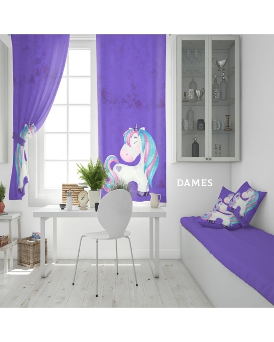 Draperie camera copii violet din satin imprimata cu model Unicorn CMD2004