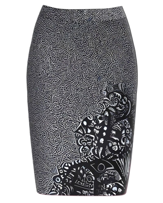 Fusta conica alb negru imprimata cu model abstract CMD3697