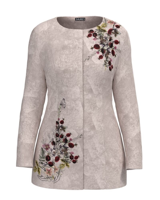 Jacheta de dama bej de lungime medie imprimata cu model Floral CMD2310