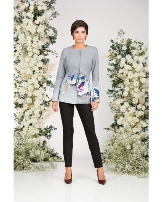 Jacheta de dama gri de lungime medie imprimata cu model Floral CMD2341