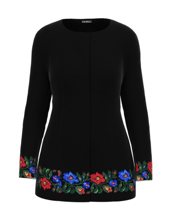 Jacheta de dama neagra de lungime medie imprimata cu model traditional CMD3426