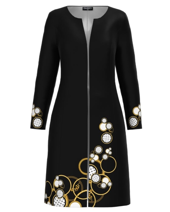 Jacheta de dama neagra lunga imprimata cu model geometric CMD3079