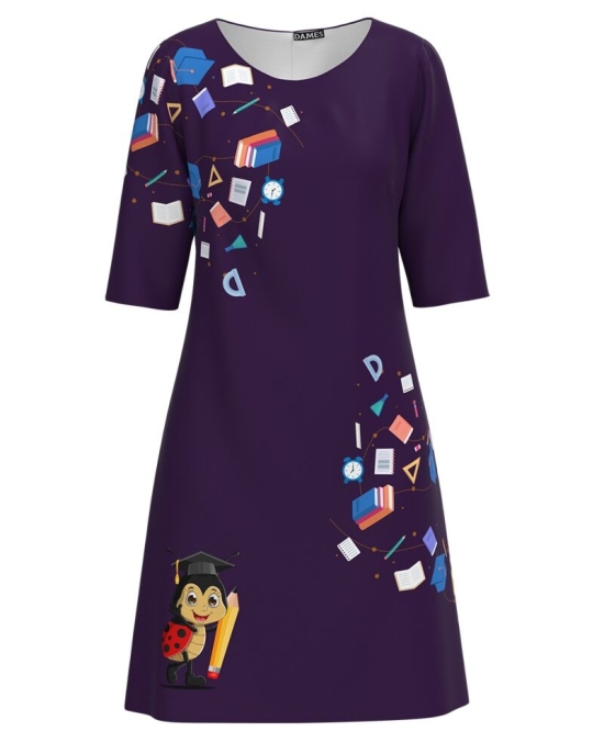 Rochie back to scool casual mov cu imprimeu Buburuza CMD3116