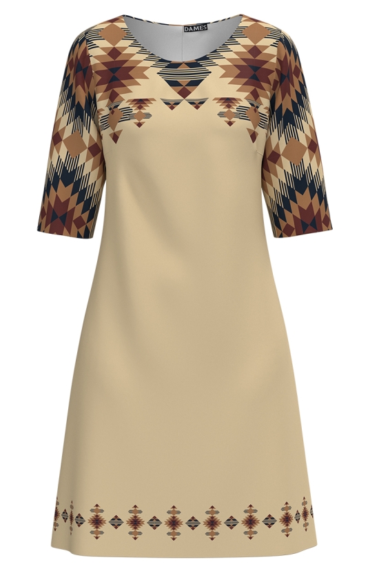 Rochie casual bej imprimata cu model traditional in contrast SS25