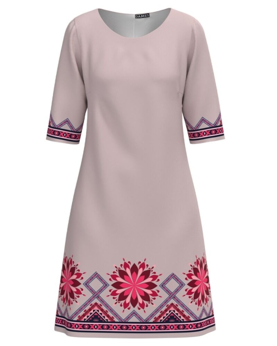Rochie casual bej pudra imprimata cu model Etnic CMD3055