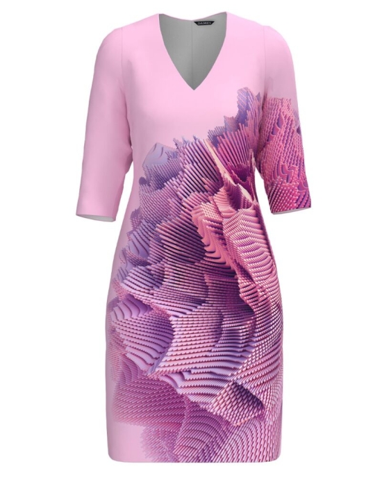 Rochie casual roz cu decolteu in V imprimata abstract CMD4806