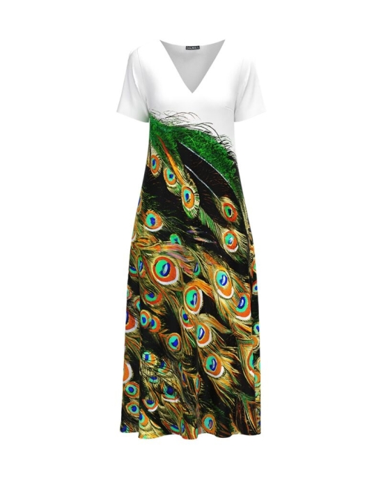 Rochie de vara lunga cu buzunare imprimata digital Paun CMD730