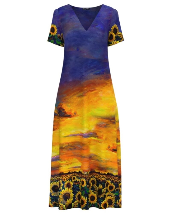 Rochie de vara lunga cu buzunare imprimata Floarea soarelui