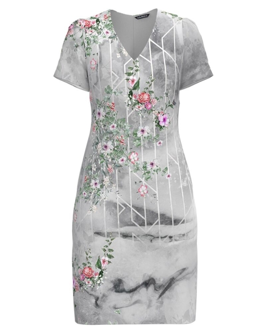Rochie gri casual cu decolteu in V imprimata Floral CMD4423
