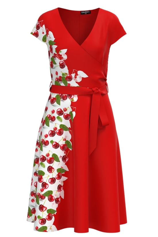 Rochie rosie casual de vara cu maneca scurta si imprimeu Cirese CMD989