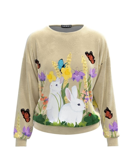 Bluza bej tip hanorac din catifea cu imprimeu Iepurasi CMD4046